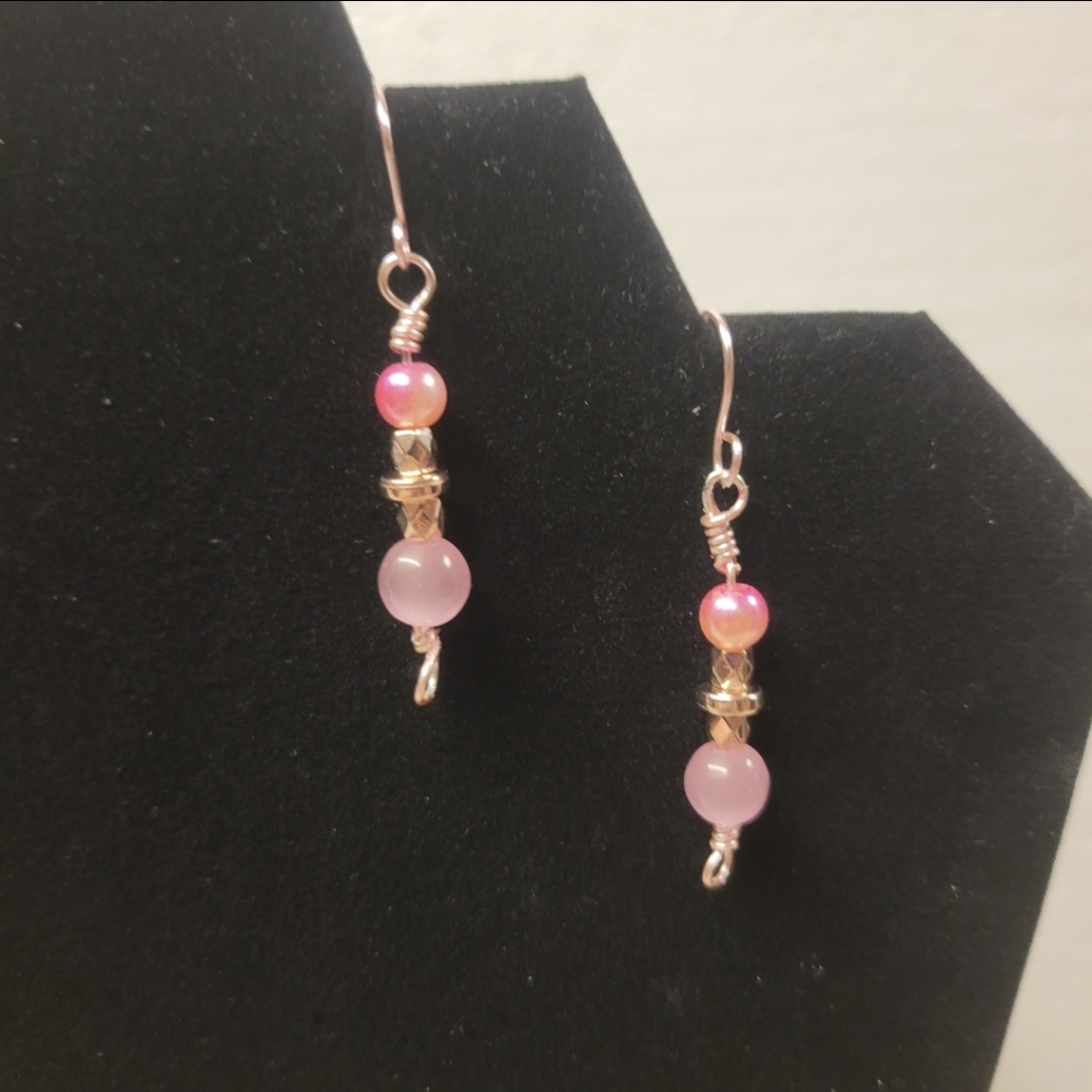 Gold and Pink Faux Pearl Bead Dangle Earrings